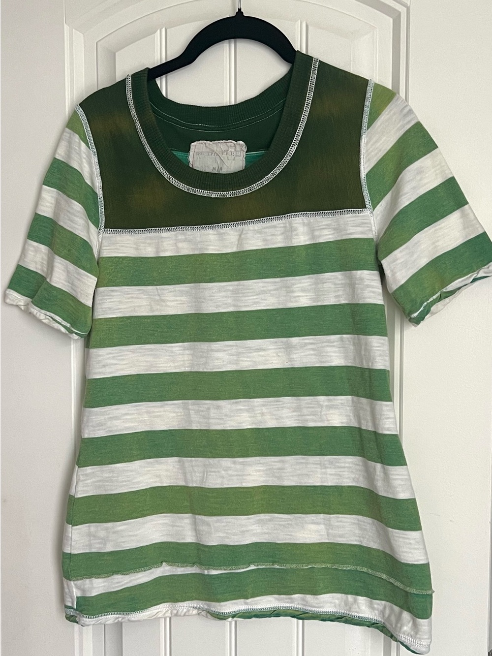 We The Free Mixed Media Striped Tee Green White Short Sleeve Top M